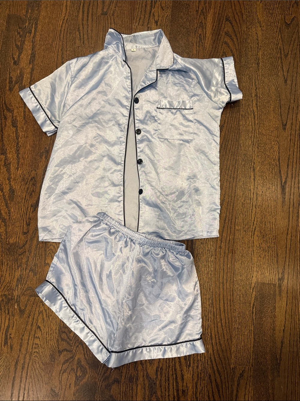 Woman’s small Satin Short Pajama Set - Light Blue with Black Trim